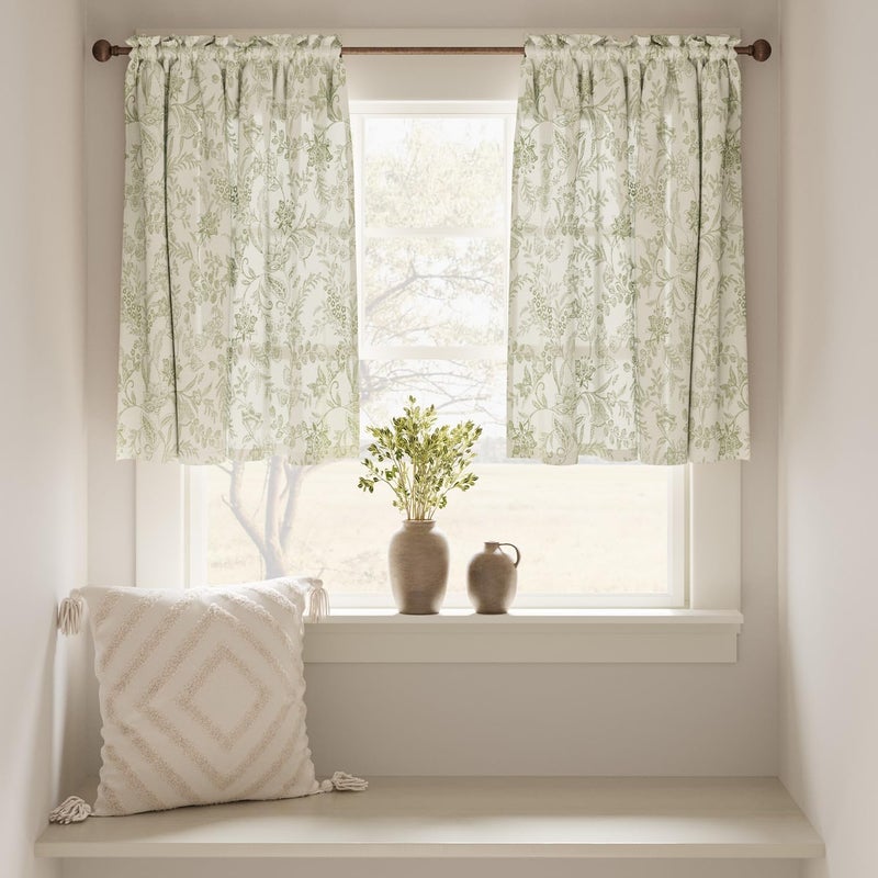 jinchan Floral Kitchen Curtains for Windows 36 Inch Linen Tier Farmhouse Cafe Curtains Country Botanic Small Window Rod Pocket Rustic Flax for Laundry Bathroom RV 2 Panels Sage Green on Beige - Image 2